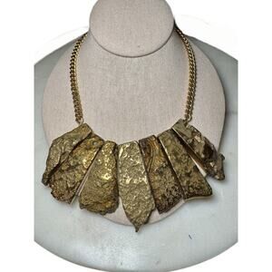 Yochi NY Gold Textured Pyrite Bib Statement Necklace Chunky Collar Bold